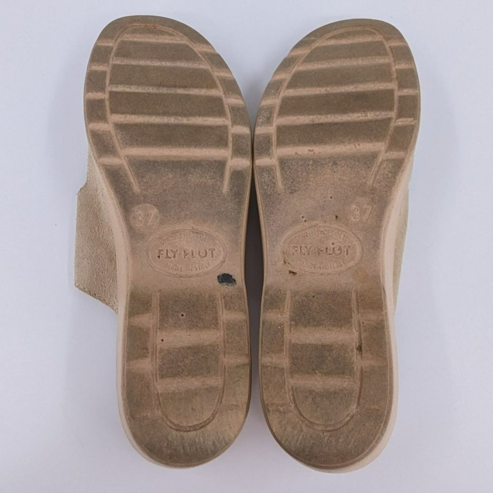 Fly Flot Slides 37 5.5 Tan Leather Two Strap Buckle Open Toe Italy Made Comfort - Picture 12 of 14